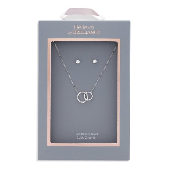Believe in Brilliance Silver Plated CZ Interlocking Pendant & Earrings Set New - Picture 2 of 6